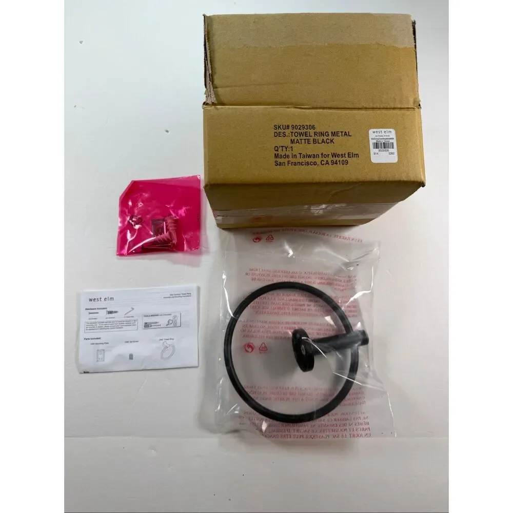 West Elm Modern Overhang Bathroom Hardware Towel Ring Matte Black NIB